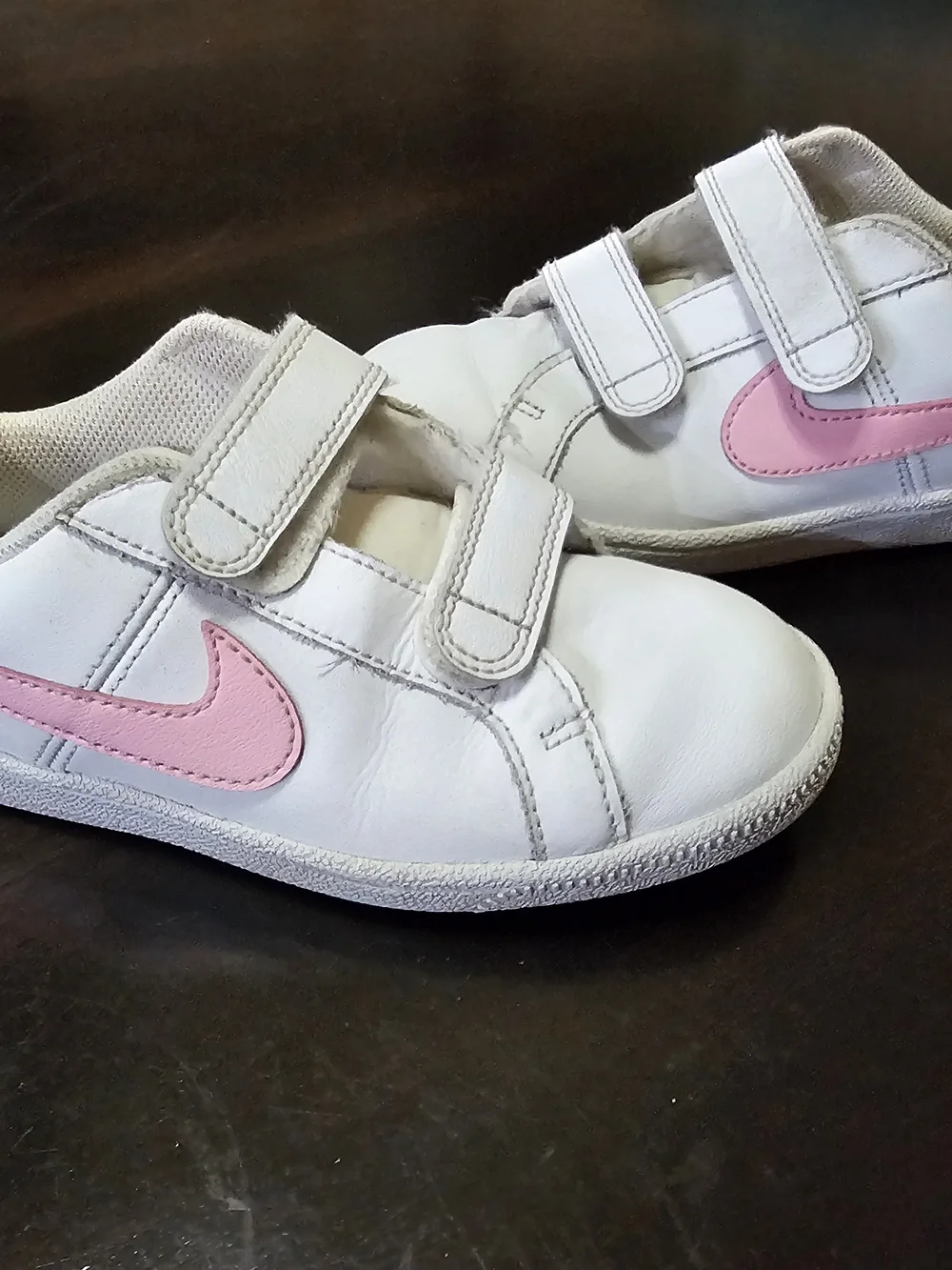 Nike Kids White Sneakers with Pink Swoosh and Velcro Straps